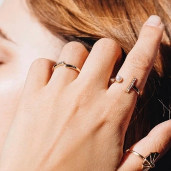 Crystal Pave Bar and Pearl Gold-Plated Cuff Ring - Picture 1 of 7